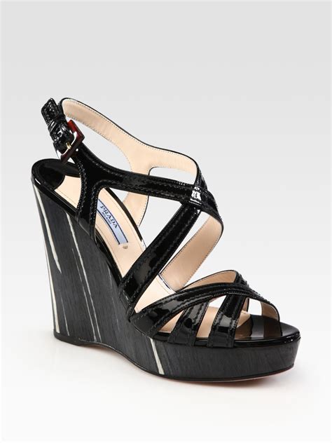 prada patent-leather and pvc sandals|Prada patent leather wedge sandals.